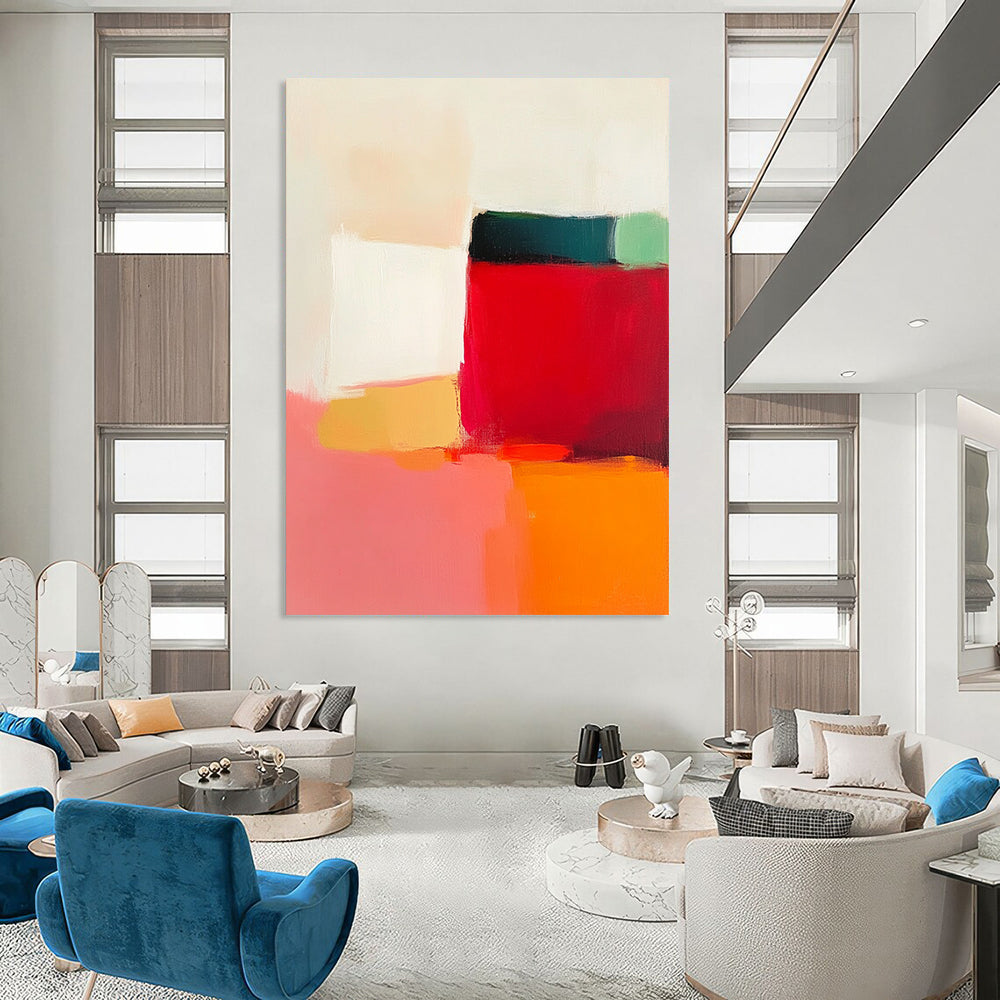 Contemporary hand-painted abstract artwork featuring vibrant reds pinks oranges yellows and whites creating a serene minimalist landscape with soft edges and subtle gradients. DLZ1361