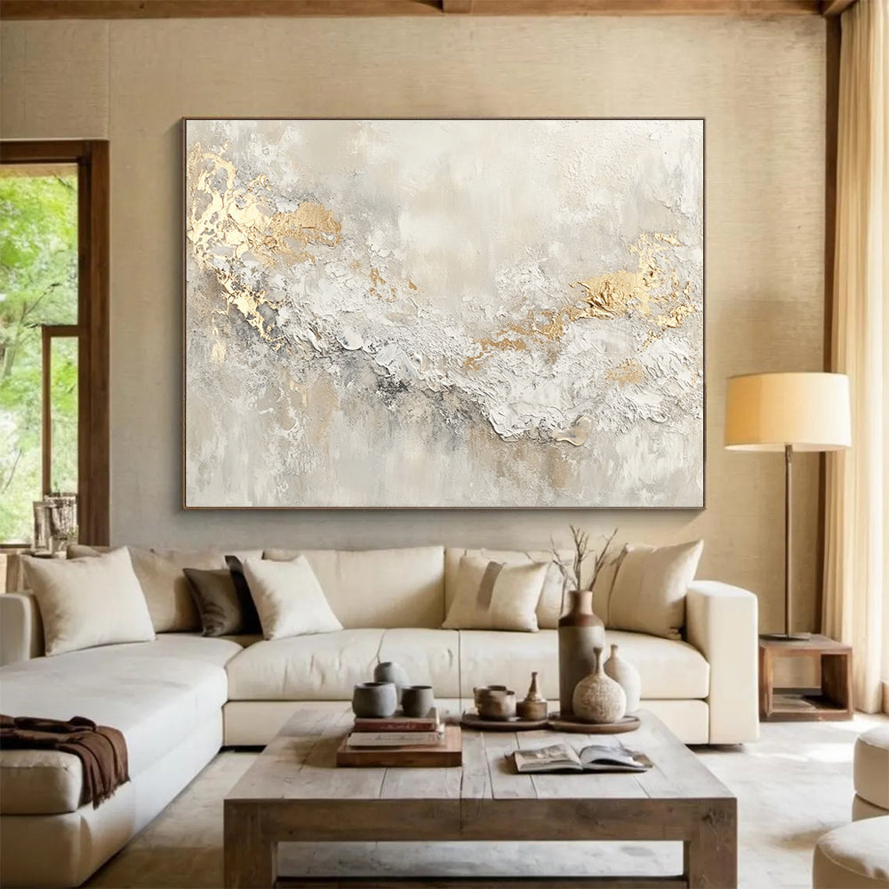 “Gilded Texture” - Beige, White, Gold with Textured Swirls - Abstract Acrylic Painting HB1337