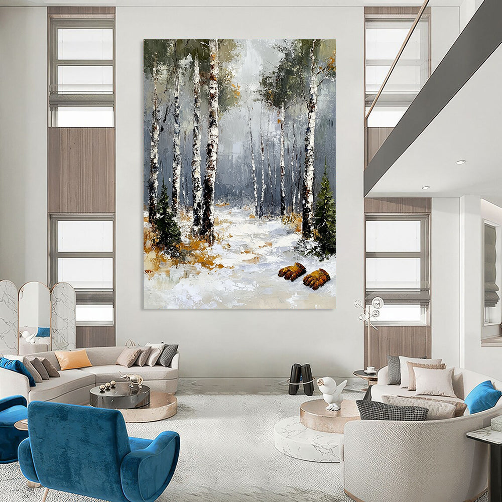 Contemporary abstract art featuring a winter birch forest with a grey sky textured brush strokes and fuzzy gloves in the foreground. DLZ1678