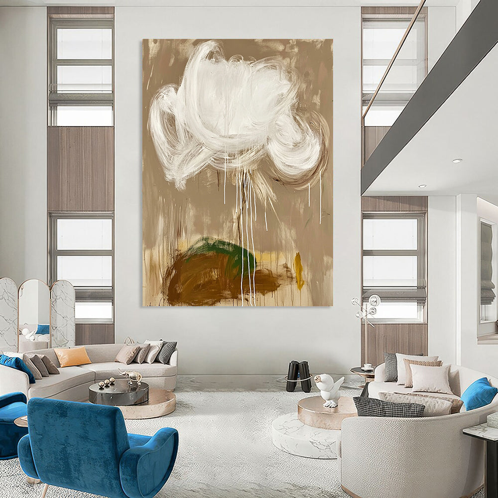 Contemporary hand-painted abstract artwork featuring a white cloud and brown earth on a beige background with white brush strokes and green details. DLZ0607