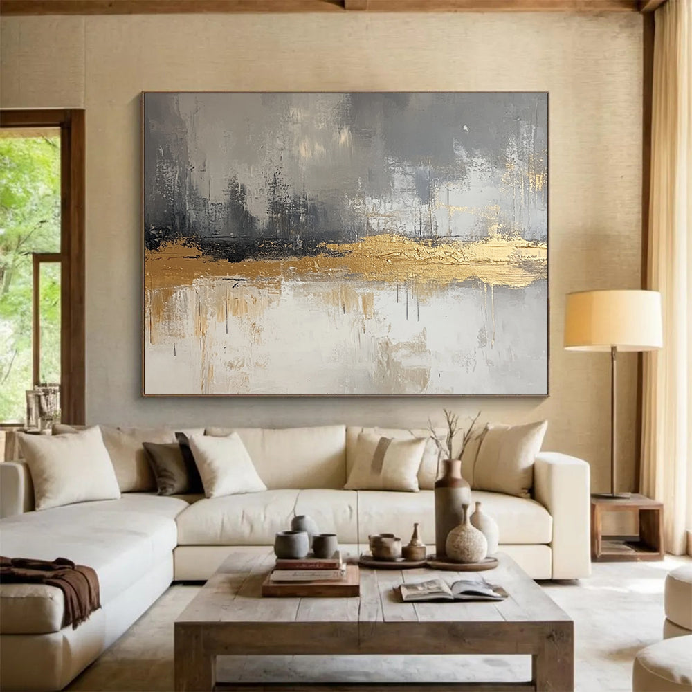 “Gilded Gray Layers” - Gray, Gold, White, Textured Abstract Layers Painting On Canvas HB1053