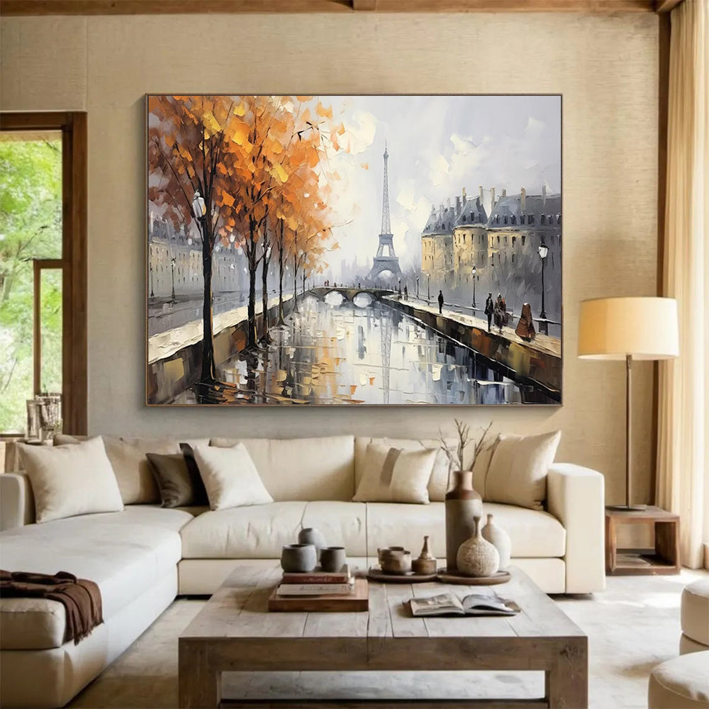 Paris Autumn Canal Oil Painting - Large Romantic Living Room Decor DLZ171