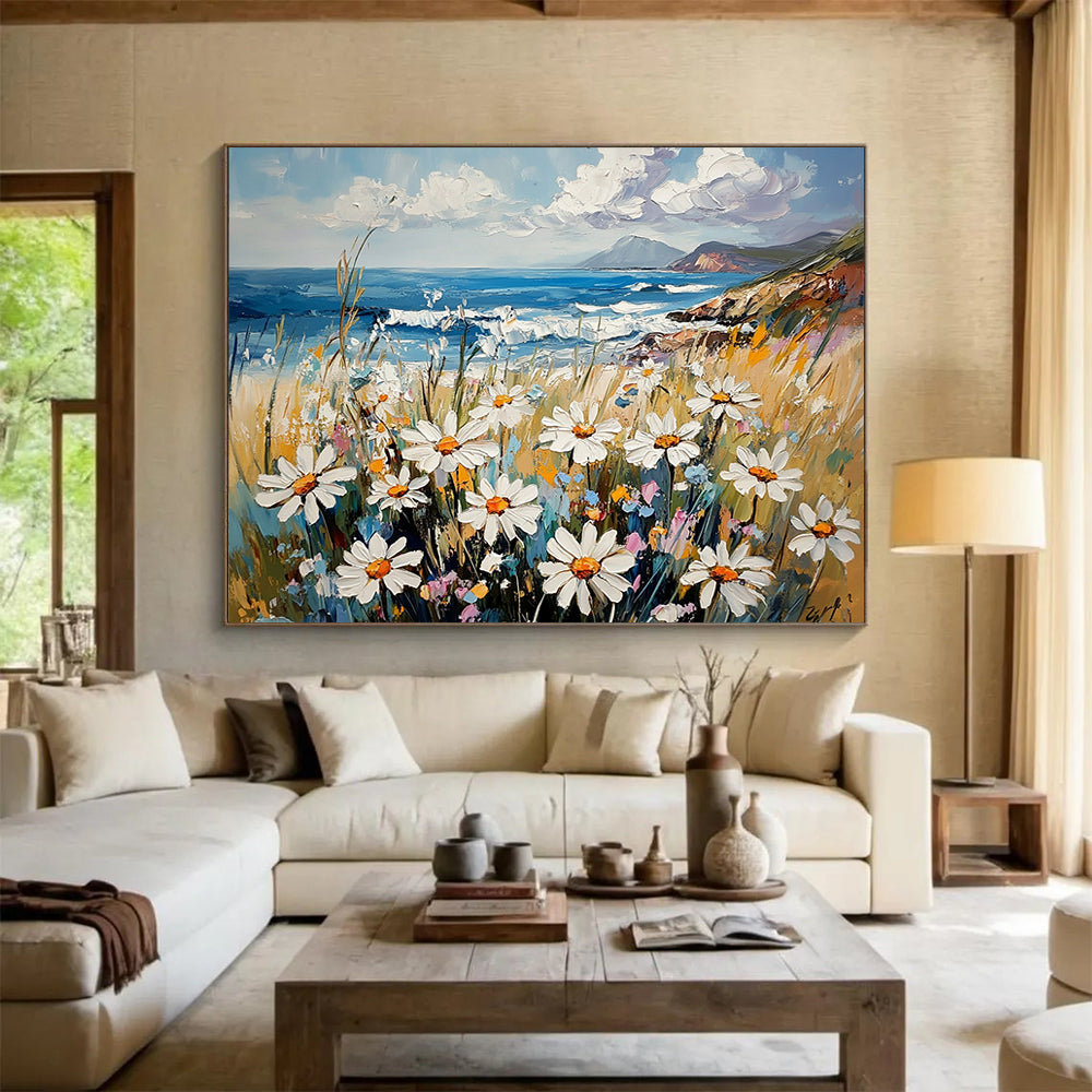 “Seaside Daisies” - Soft Whites, Yellows, Blues, Daisies by the Ocean - Impasto Oil Painting HB1747
