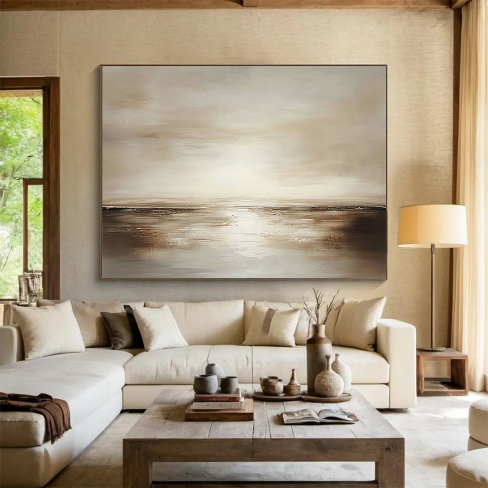 “Earthy Horizon” - Warm Browns, Soft Beiges, Vast Sky and Calm Sea Painting On Canvas HB0917