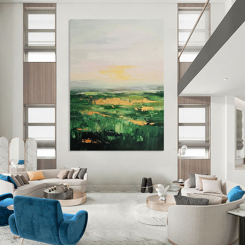 Contemporary abstract art featuring lush green fields and serene sky adorned with neutral tones and elegant gold accents. DLZ0891