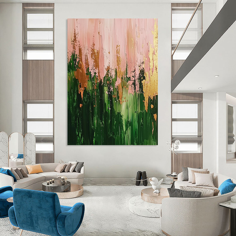 Contemporary abstract artwork featuring a vibrant forest in green and pink hues highlighted with gold accents and dynamic brush strokes. DLZ0904