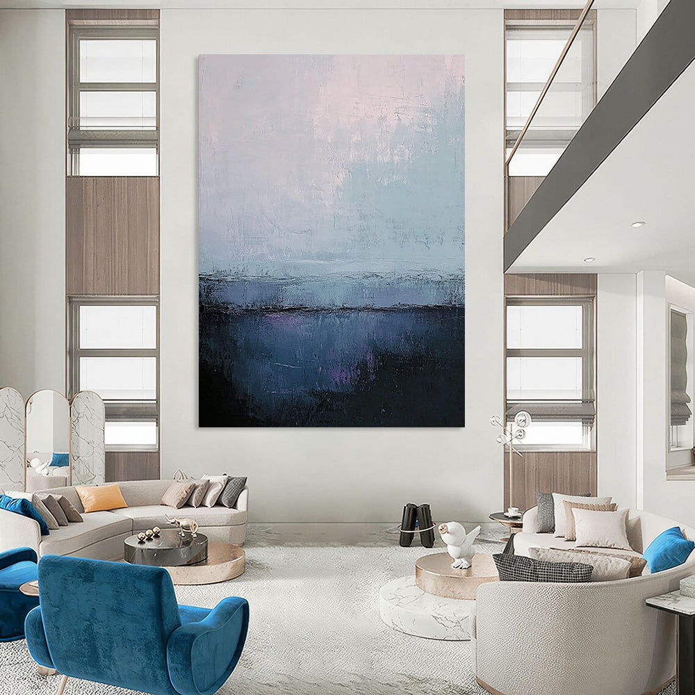Contemporary abstract art featuring muted gray and blue tones with soft edges and textured contrasts in a large canvas format. DLZ0402