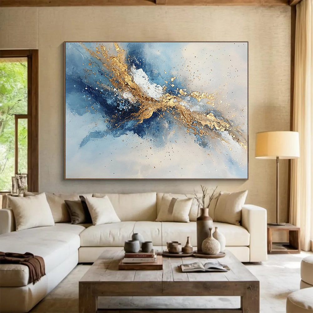 “Dynamic Gold - Blue - Gray Abstract Splash” - Gold, Blue, Gray, White, Energetic Splashes Painting On Canvas HB0824