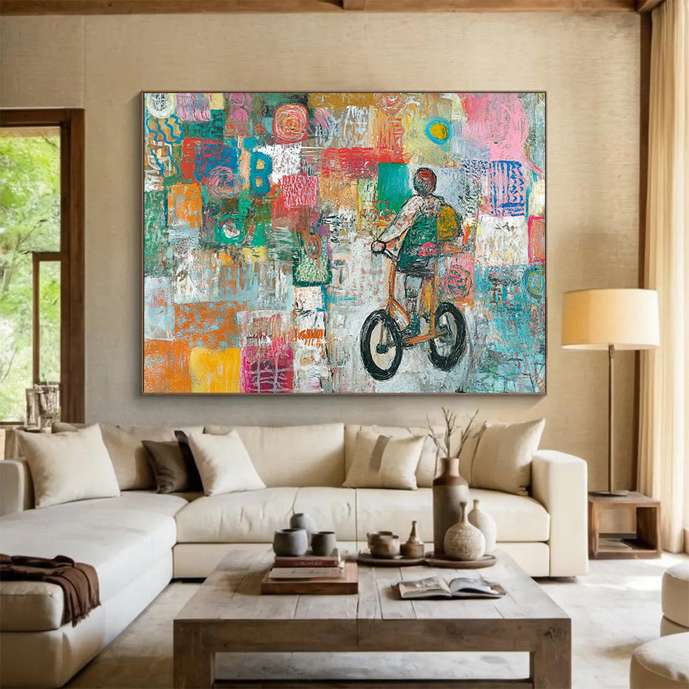 Colorful Mosaic Biker Journey – Mixed - Media Abstract Biker Scene Painting HB1469
