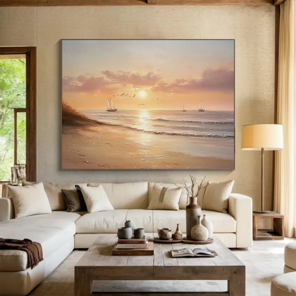 “Serene Sunset Beach” - Oranges, Pinks, Purples, Calm Beach with Sailboats - Realist Oil Painting HB1720