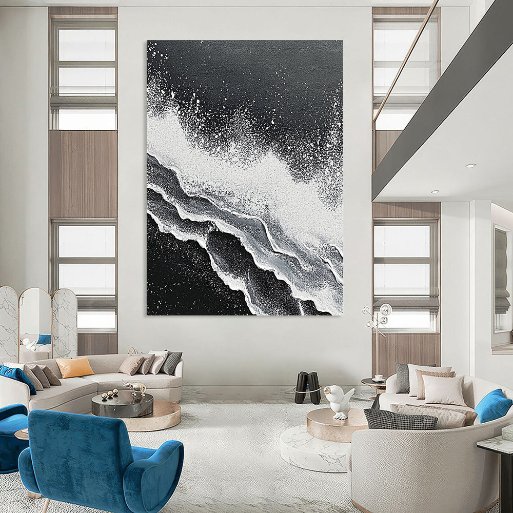 Contemporary hand-painted abstract art featuring intricate textures of ocean waves crashing in striking black and white tones. DLZ1139
