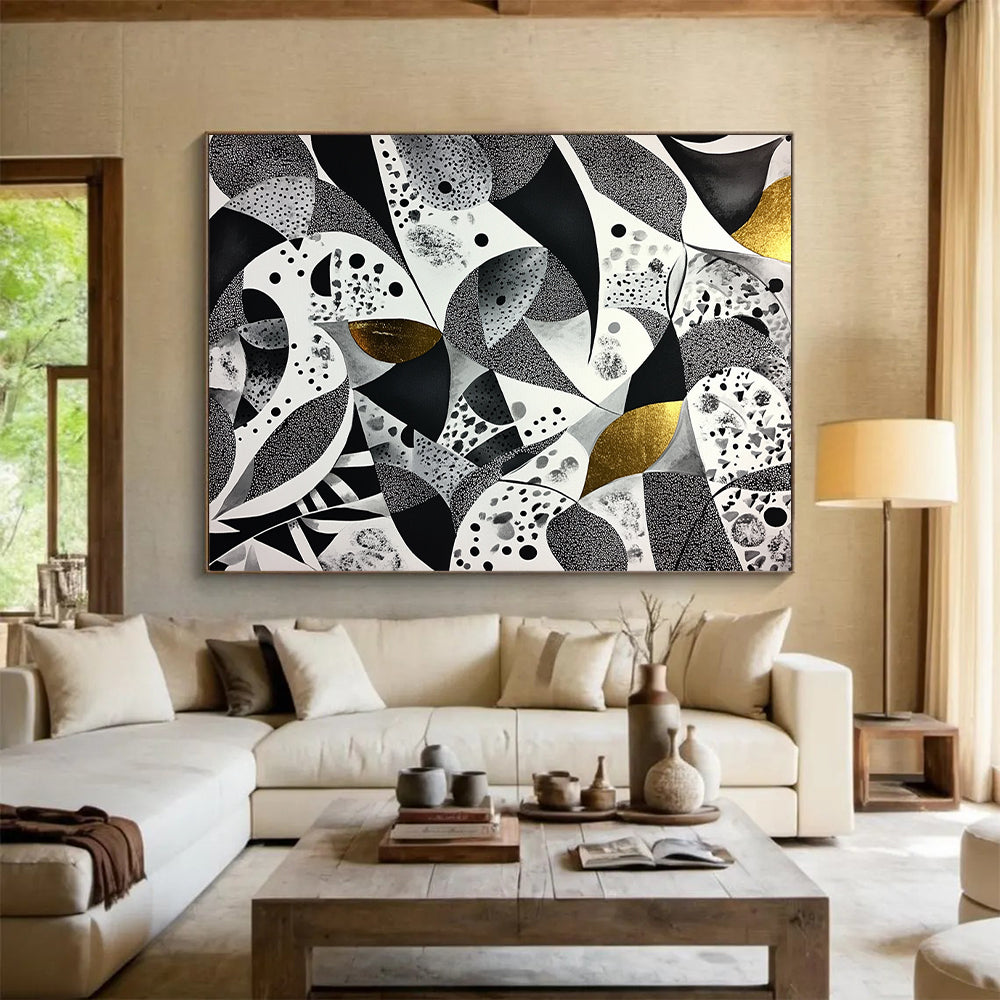Black, White, Gray and Gold Abstract Patterns "Opulent Mosaic" Painting On Canvas HB332