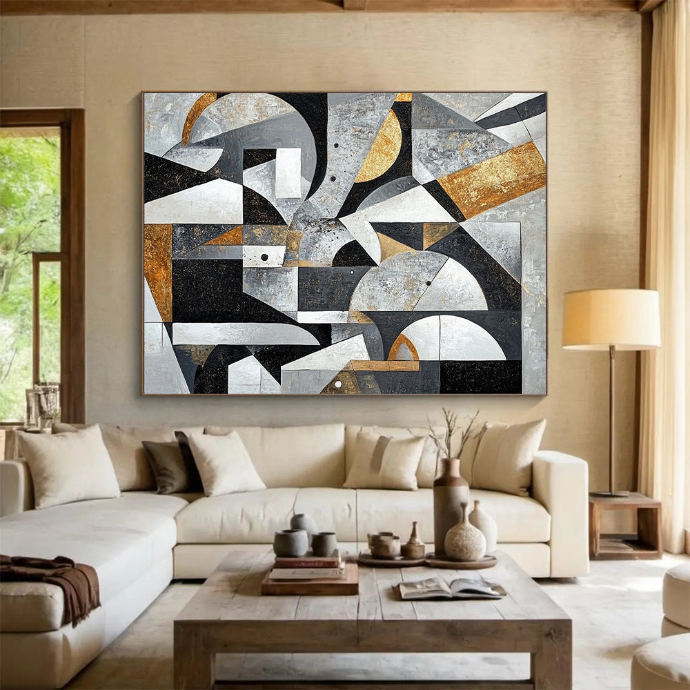 Gray, Black, White, Gold and Brown Geometric Abstraction "Vintage Geometry" Painting On Canvas HB395
