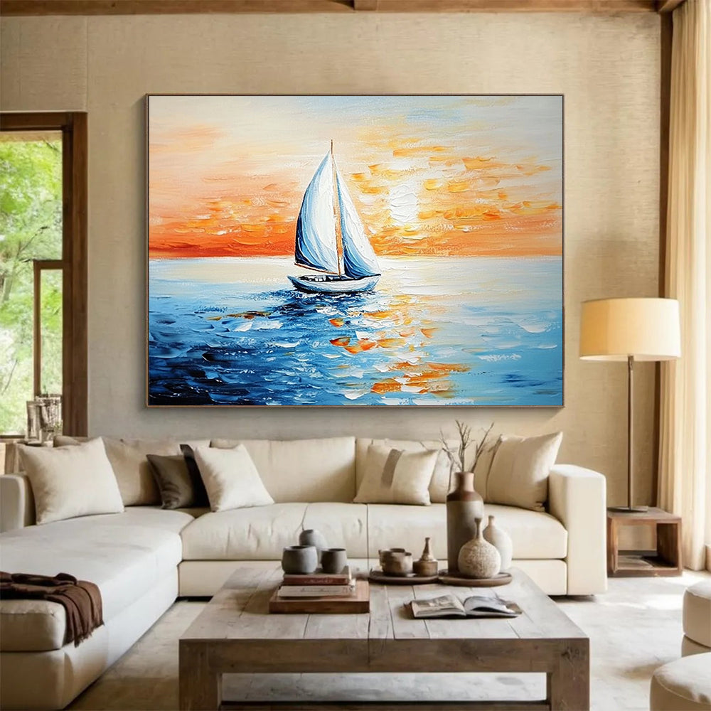 “Single Sailboat at Sunset” - Oranges, Reds, Blues, Solitary Sailboat on the Sea - Impasto Oil Painting HB1737