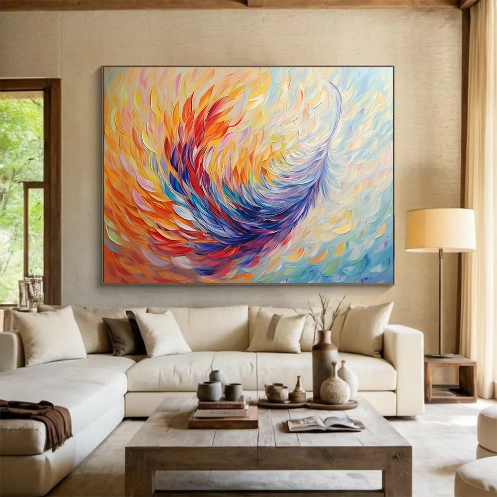 “Colorful Feather - like Abstract” - Yellow, Orange, Red, Blue, Purple with Feather Shapes - Painting On Canvas HB1395