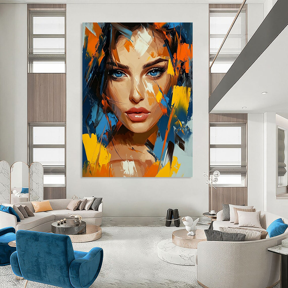 Contemporary abstract artwork featuring vivid colors and geometric shapes with expressive brushstrokes capturing a woman's beauty and depth. DLZ1130