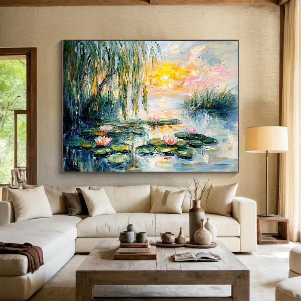 “Sunset Water Lilies” - Pink, Yellow, Green, Water Lilies, Sunset - Impressionist Oil Painting HB1680