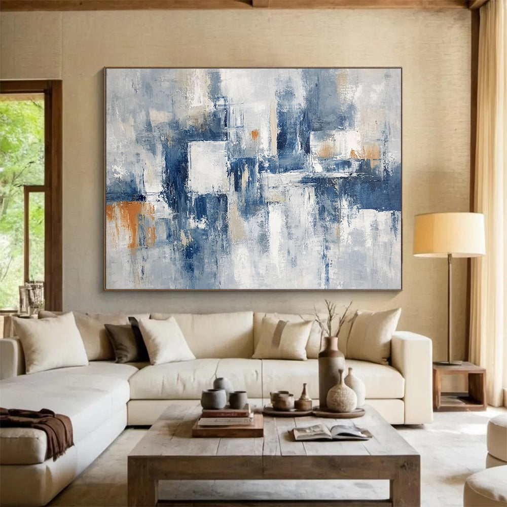 “Gray - Blue Abstract with Orange Accents” - Gray, Blue, White, Orange, Abstract Shapes Painting On Canvas HB0834