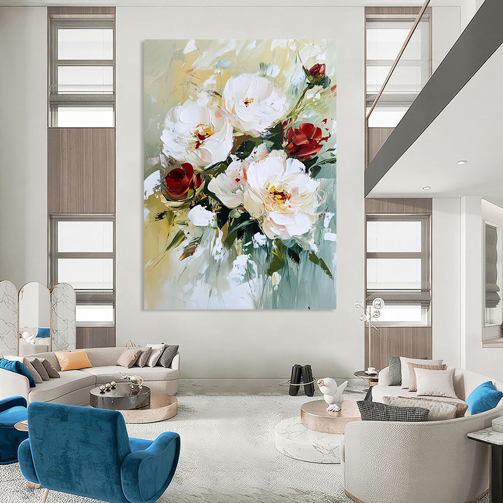 Contemporary abstract painting featuring textured white peonies and red roses with vibrant brush strokes and a soft, natural background. DLZ0673