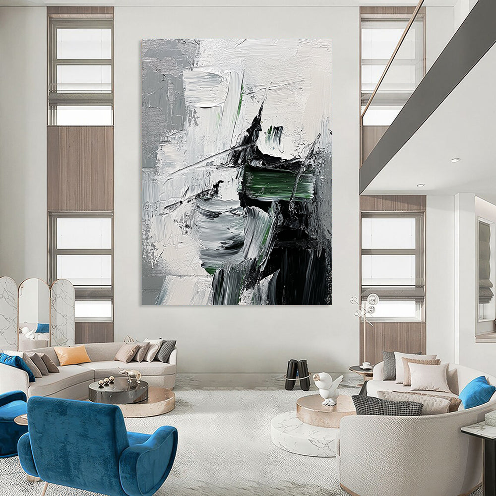 Contemporary abstract painting showcasing impasto textures with green strokes on a monochrome grey and black backdrop featuring a hint of fur detail. DLZ0748