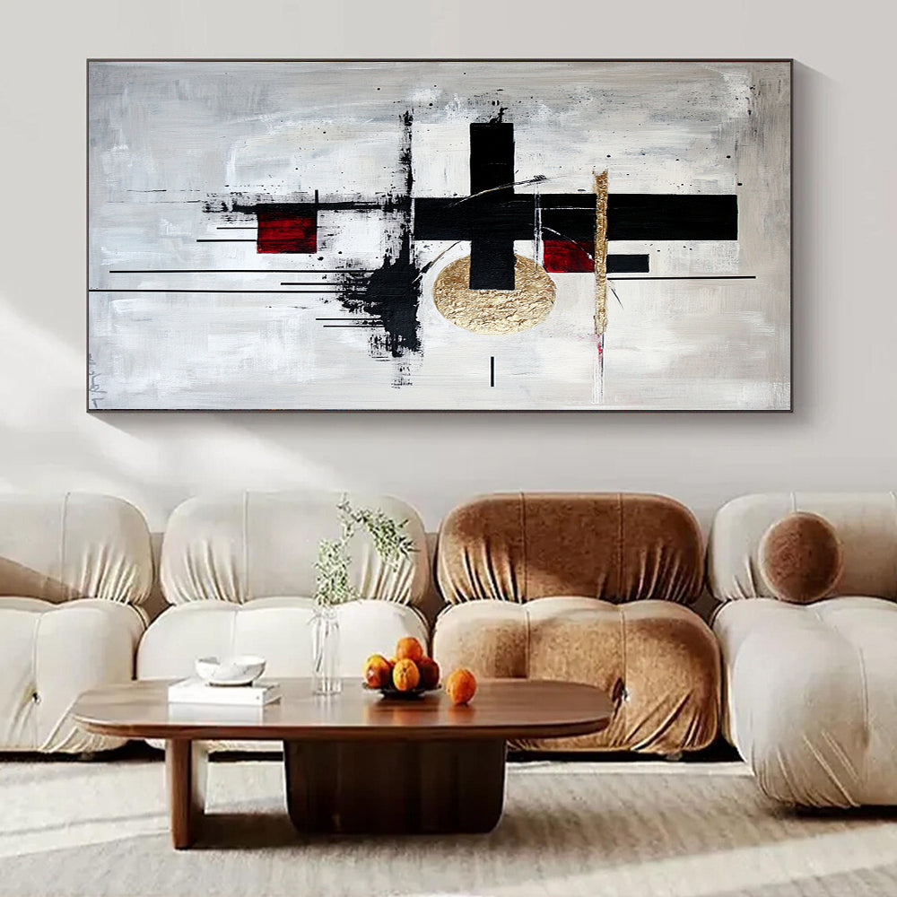 Black, White, Gold, Red with Bold Forms "Artistic Fusion" Abstract Painting On Canvas HB005
