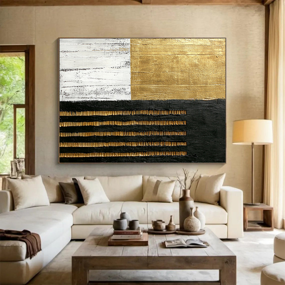 Black, White, Gold, Textured Stripes "Gilded Textured Stripes" Abstract Minimalist Painting On Canvas HB157