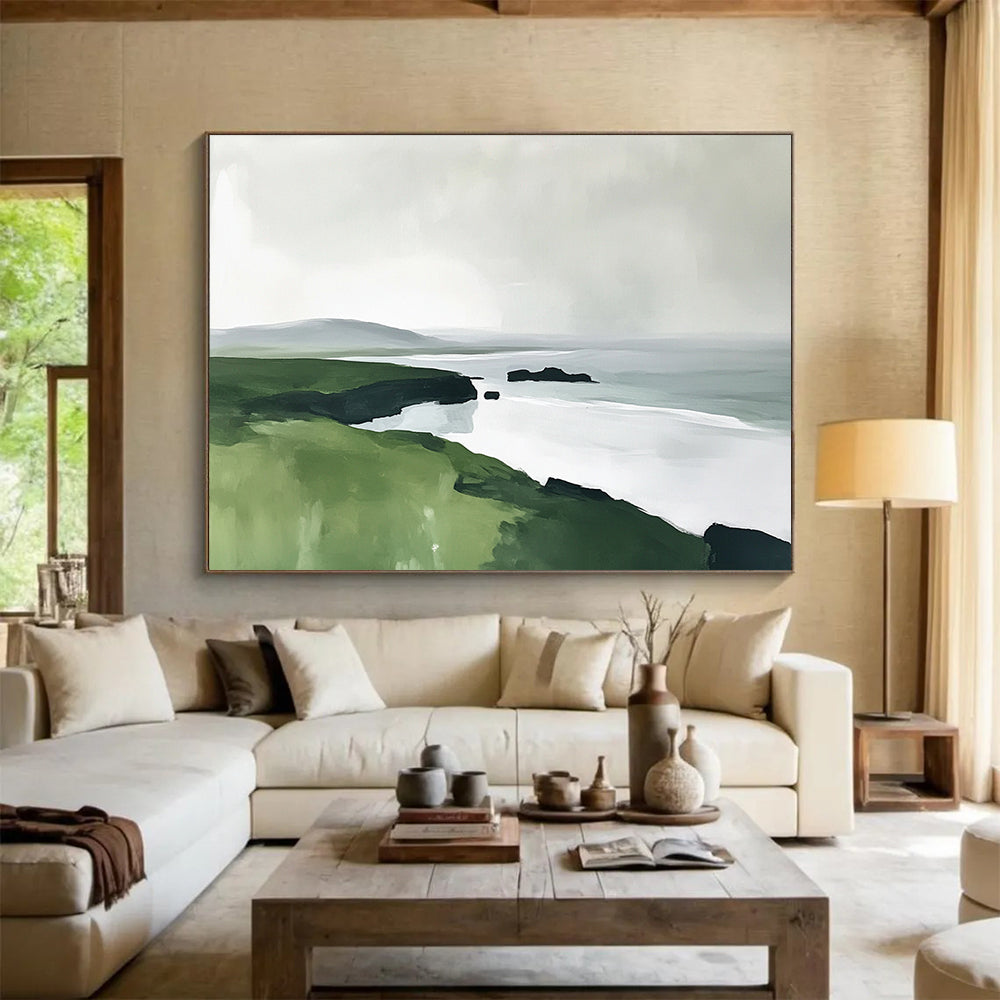 “Coastal Cliffs in Green & Gray” - Lush green, muted gray, white sea, Modern Landscape Painting On Canvas HB0611