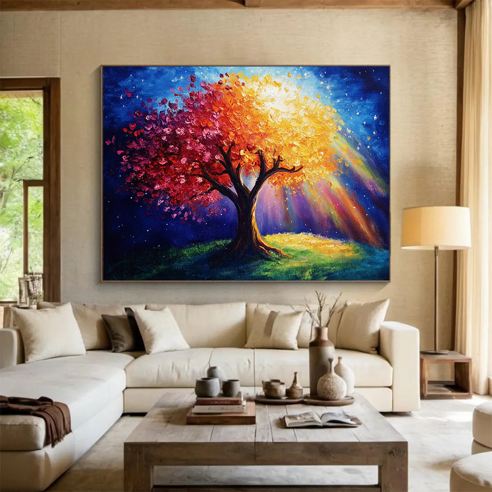 “Magical Tree with Colorful Blossoms and Light” - Blue, Red, Orange, Yellow, Magical Tree Scene - Fantasy Acrylic Painting HB1639