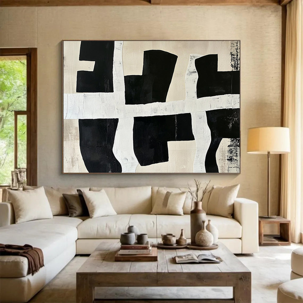“Black - White Grid Shapes” - Black, white, beige, Abstract Geometric Painting HB0640