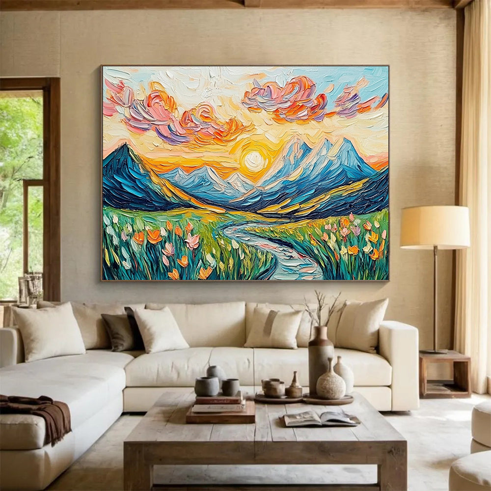 “Sunset Mountain Valley” - Colorful, Mountain, River, Flowers Painting On Canvas HB0746