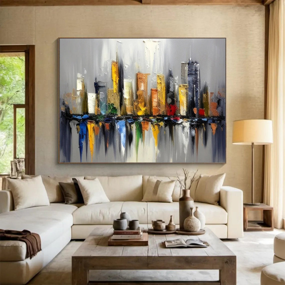 Colorful Cityscape Reflection - Vibrant Living Room Energy DLZ067
