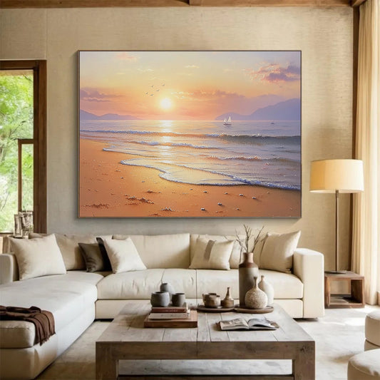 “Vibrant Beach Sunrise” - Orange, Pink, Gold, Realistic - Impressionist Seaside Painting On Canvas HB0677