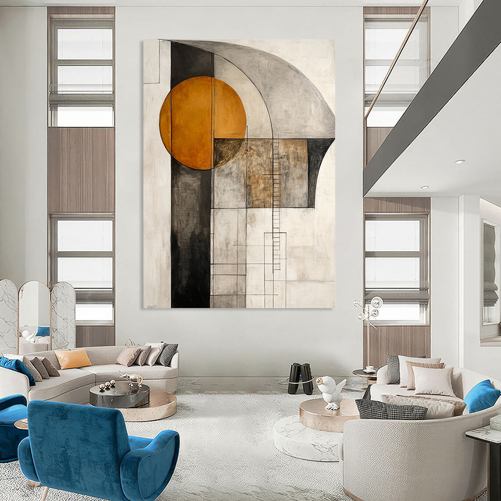 Contemporary abstract artwork featuring an orange circle and gray shapes with a large dark brown arch and a delicate ladder line drawing on a white background. DLZ1016