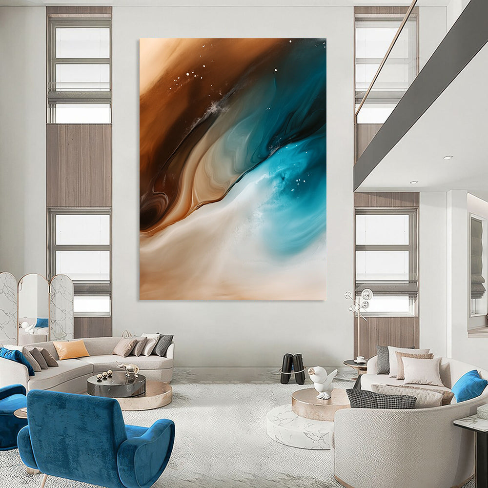 Contemporary abstract artwork features fluid shapes of sand and ocean waves in brown white teal and blue with smooth brushstrokes and a gradient background. DLZ0993