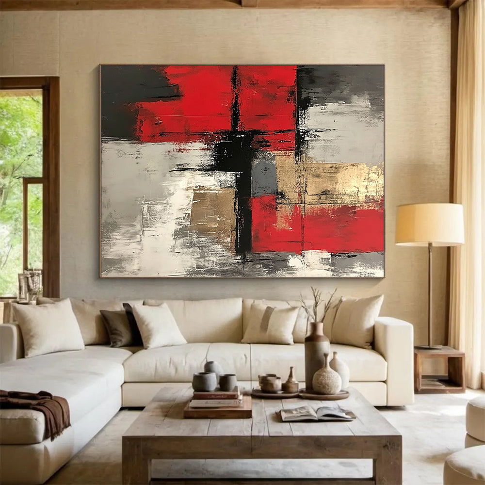 Red, Gray, Gold, Dynamic Blocks "Gilded Chaos" Abstract Expressionist Painting On Canvas HB143