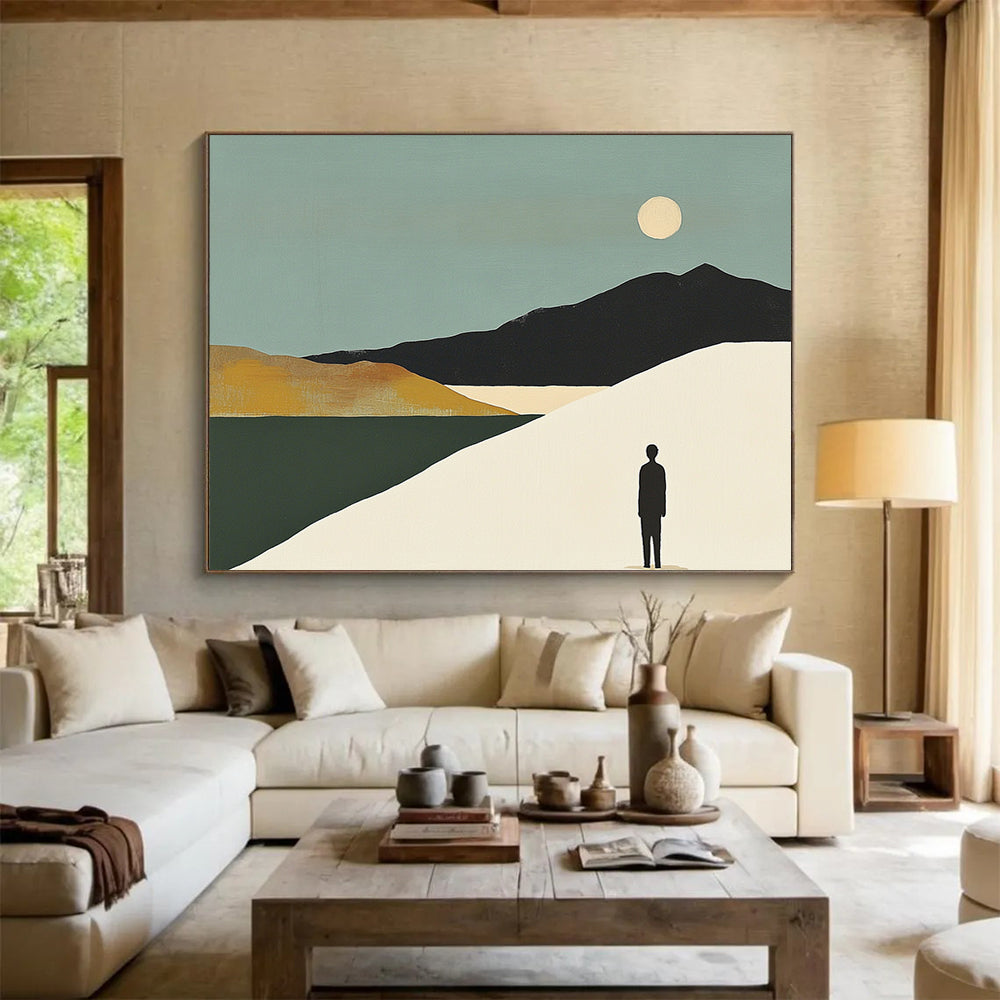 “Figure in Moonlit Landscape” - Teal sky, black mountains, white dune, Modern Landscape Painting On Canvas HB0607