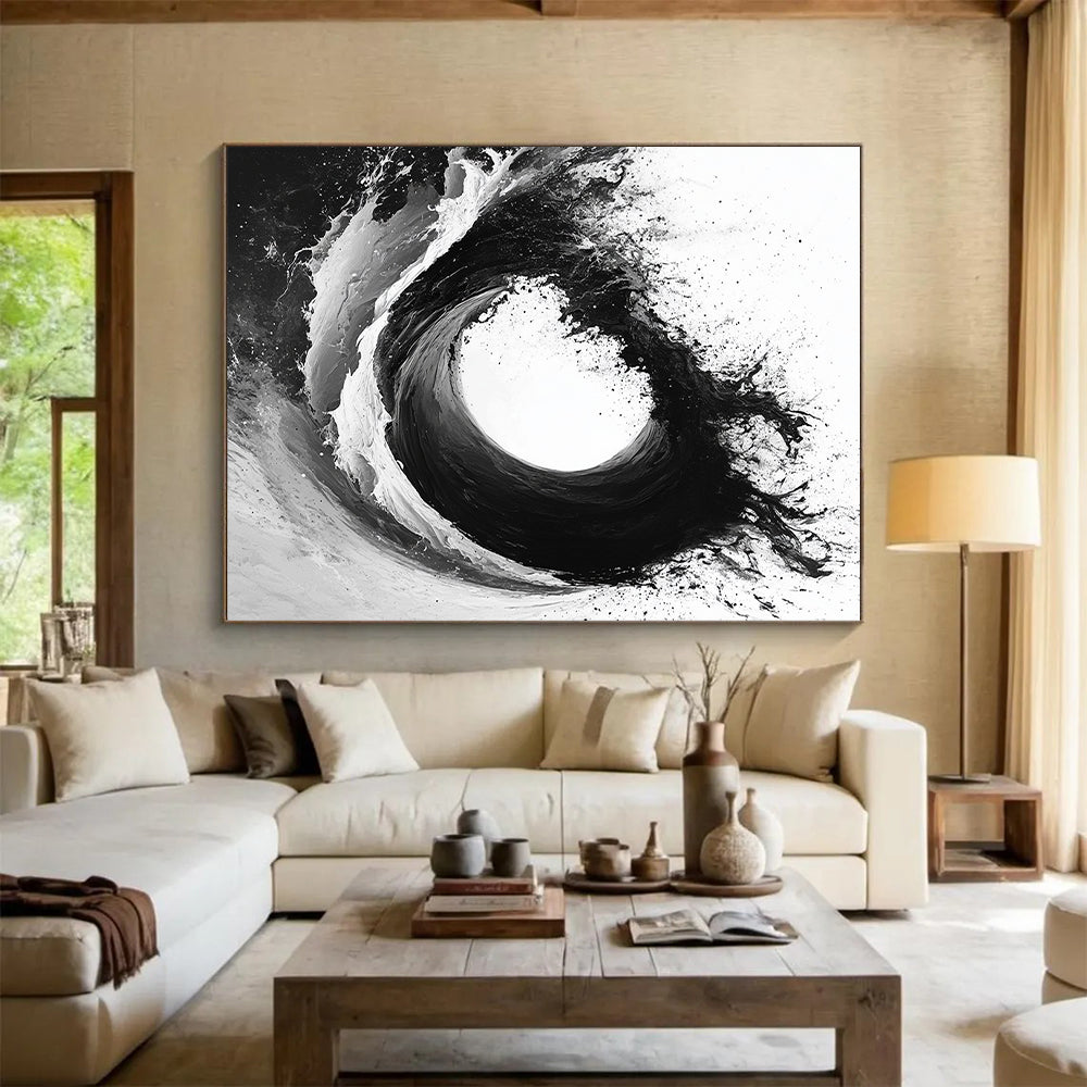 Black & White Ink Wave - “Powerful Ink Surge” Painting On Canvas HB229