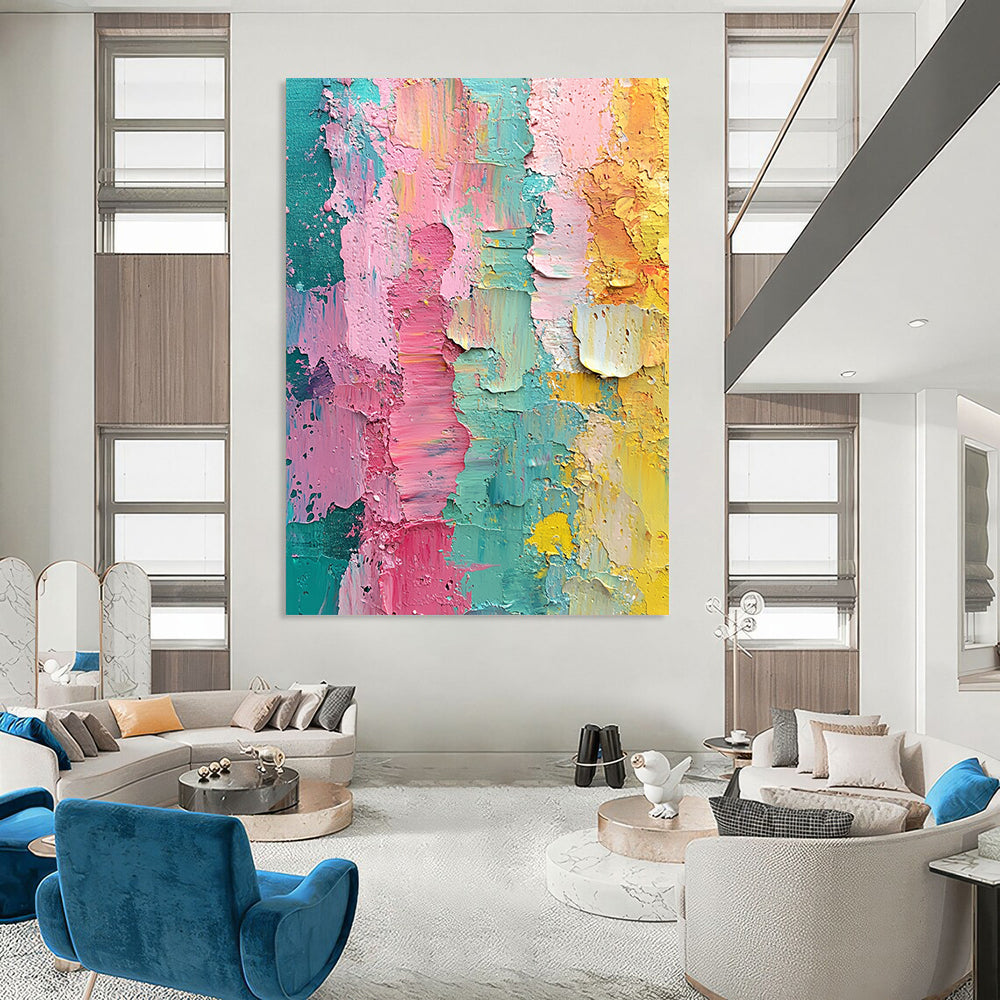 Contemporary hand-painted abstract artwork featuring vibrant pink green yellow and teal layers with textured brushstrokes and the word blessed at its center. DLZ1248