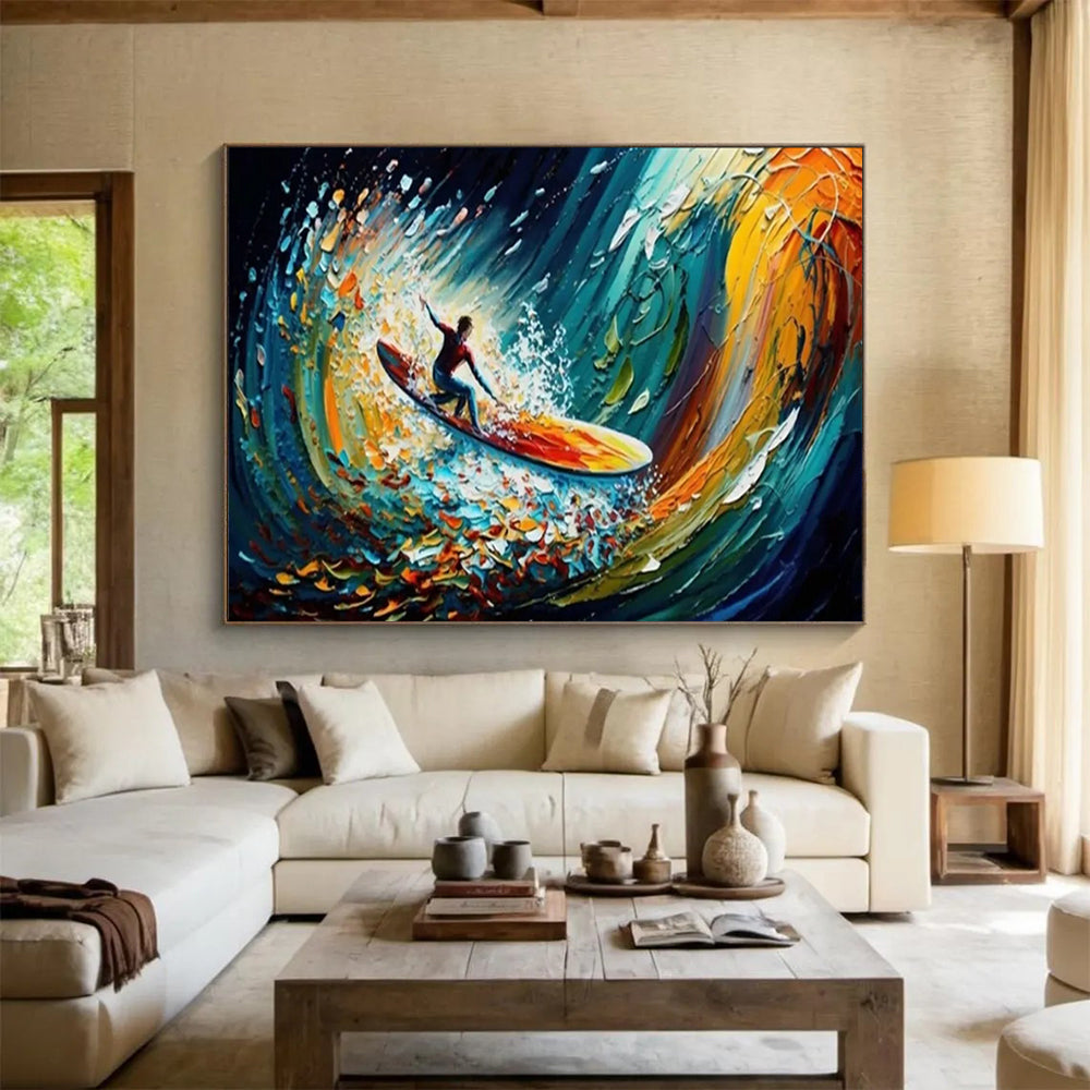 Surfer in Colorful Waves - Energetic Living Room or Game Room Art DLZ259