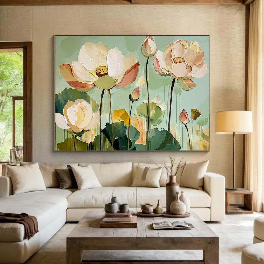 “Soft - Hued Lotus Serenity” - Pale Pink, Green, Cream, Graceful Lotus Blooms Painting On Canvas HB1018