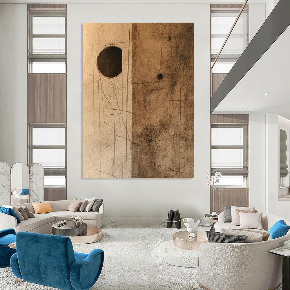 Contemporary hand-painted abstract art features textured brown paper with dark stains and a small hole, complemented by a striking cardboard piece. DLZ1089