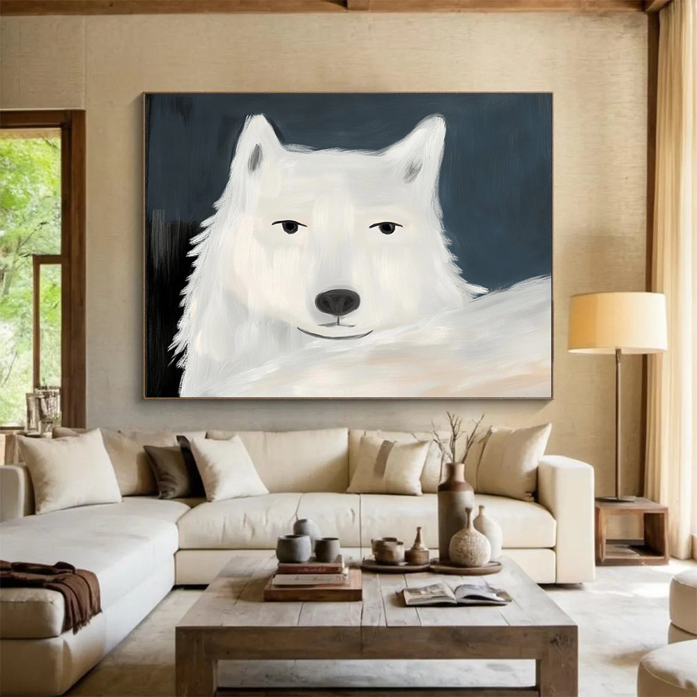 “Charming White Wolf Portrait” - White, Gray, Blue, Animal Portrait Painting On Canvas HB0775