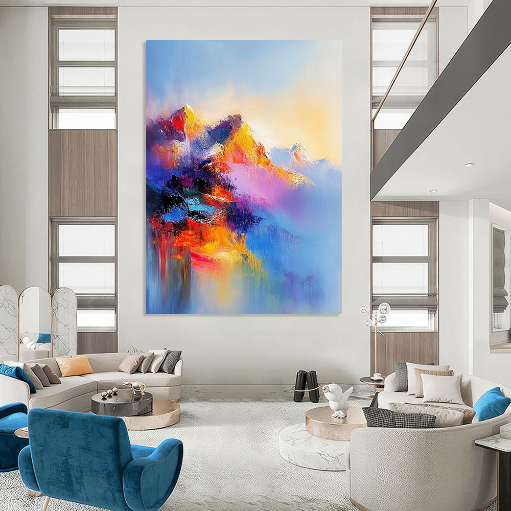 Contemporary abstract oil painting featuring an ethereal mountain range in vibrant colors with misty atmosphere and dreamlike light effects. DLZ0459