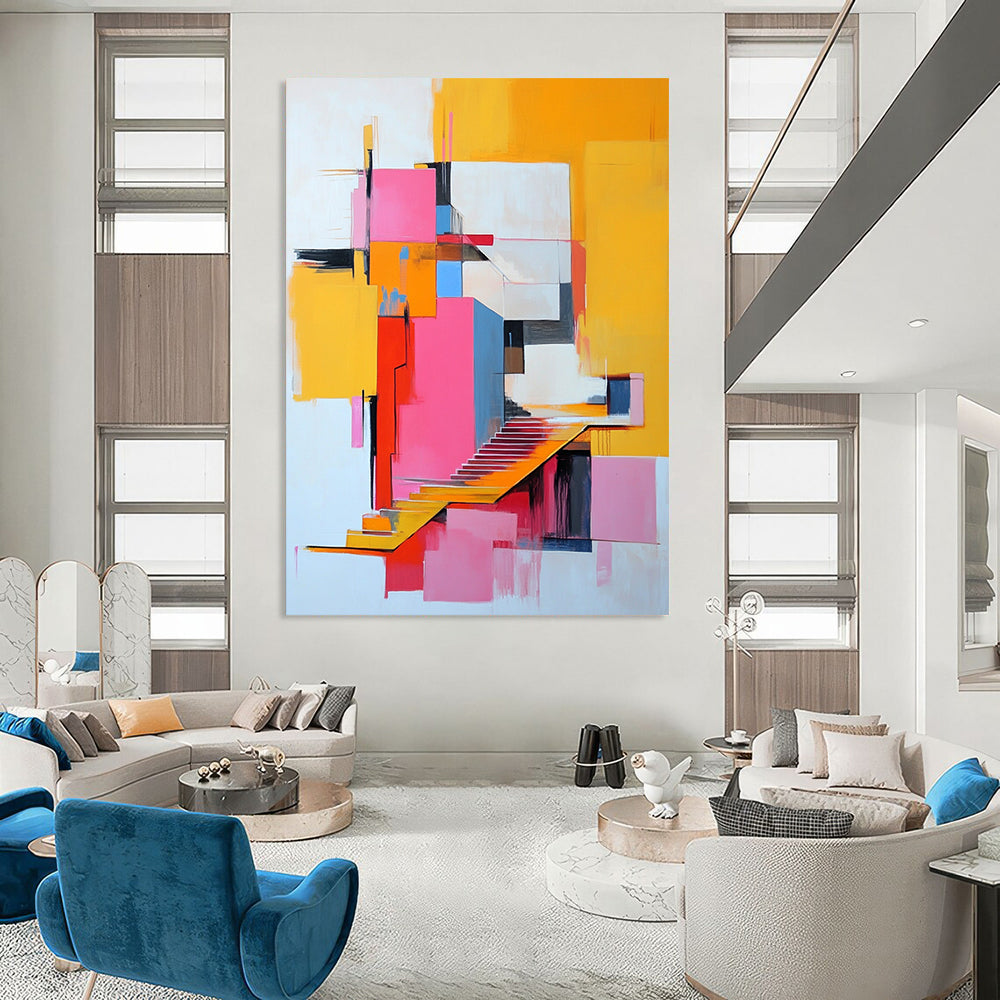 Vibrant contemporary abstract art featuring a pink and yellow building with stairs, inspired by modern artistic expressions. DLZ1377