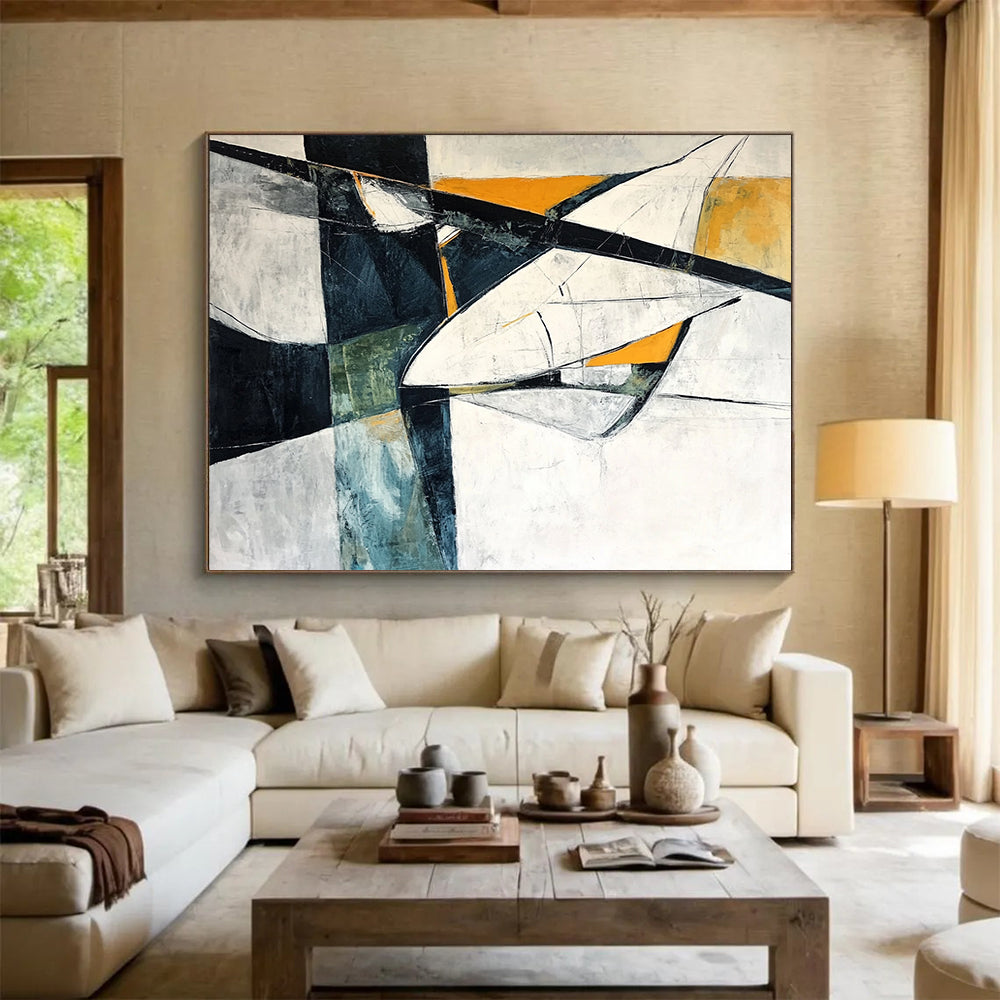Black, White, Orange, and Teal Abstract - “Dynamic Angles” Painting On Canvas HB1453