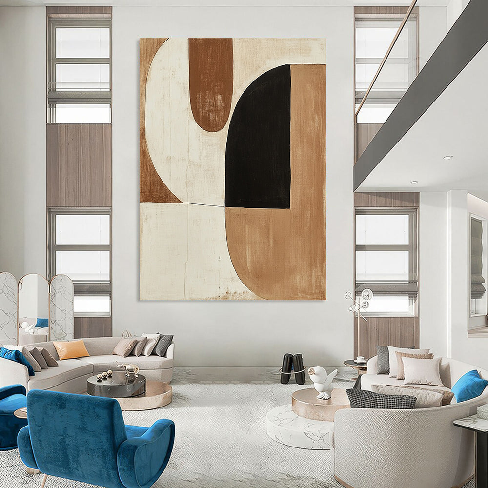 Large contemporary hand-painted abstract artwork featuring minimalist shapes in earth tones and a striking black shape. DLZ1135