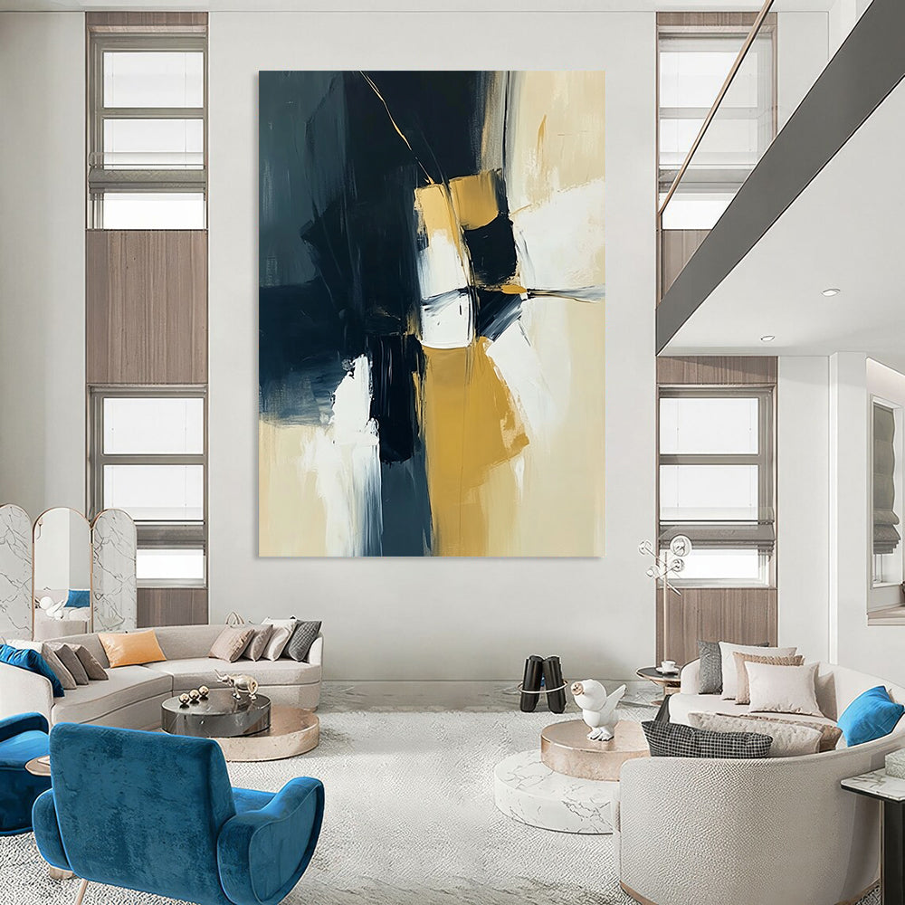 Contemporary hand-painted abstract art in navy blue, yellow, and white, showcasing dynamic textures and evoking emotional depth. DLZ0935