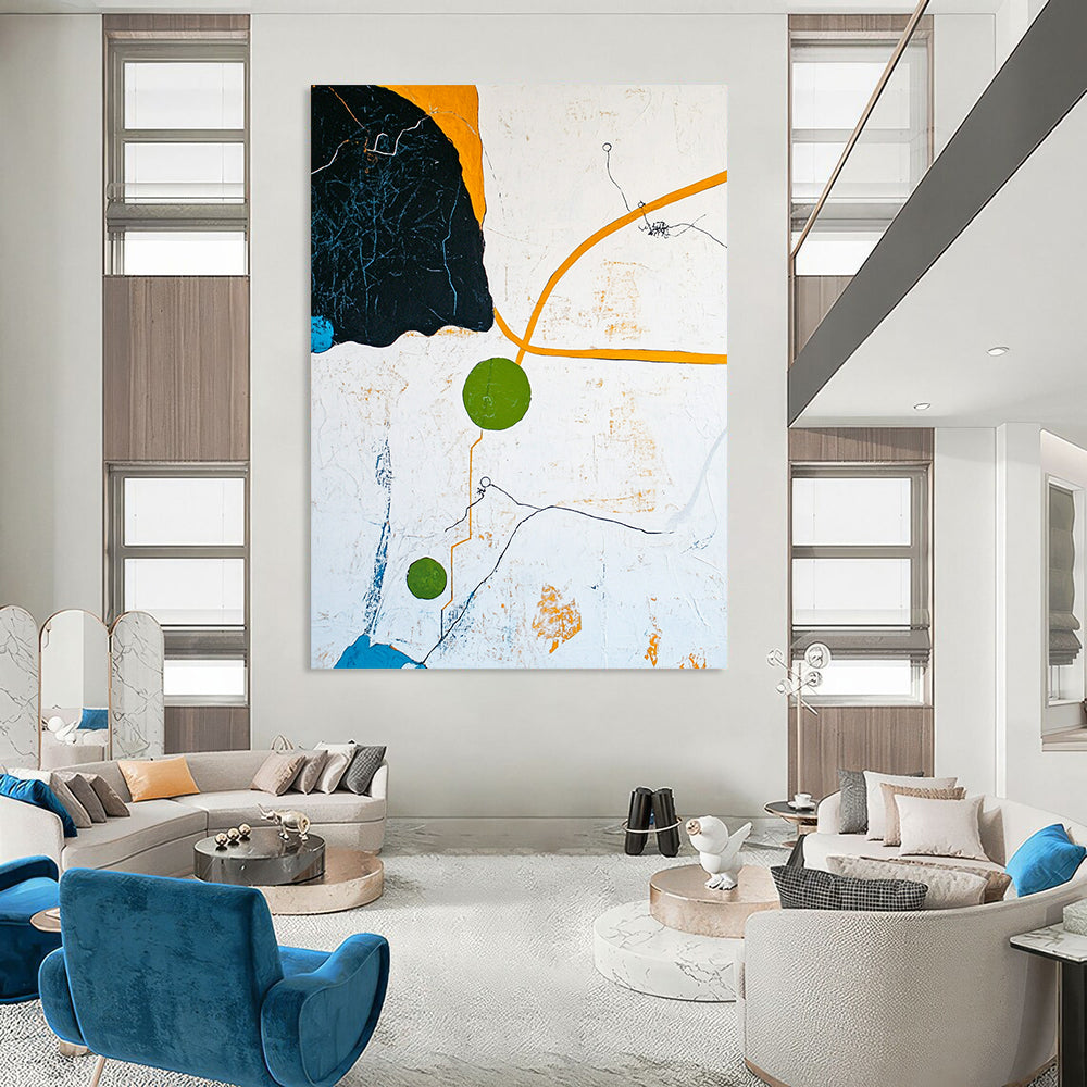 Contemporary hand-painted abstract artwork featuring an aerial landscape with blue sky yellow paths and green circle in a minimalist composition. DLZ0569