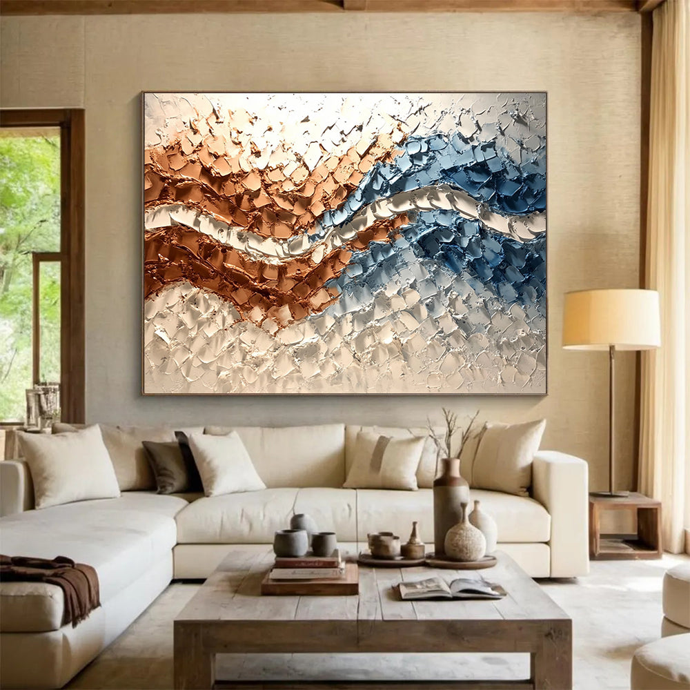 “Textured Copper - Blue Waves” - Copper, Blue, White, 3D Wave - Patterned Abstract Painting On Canvas HB0979