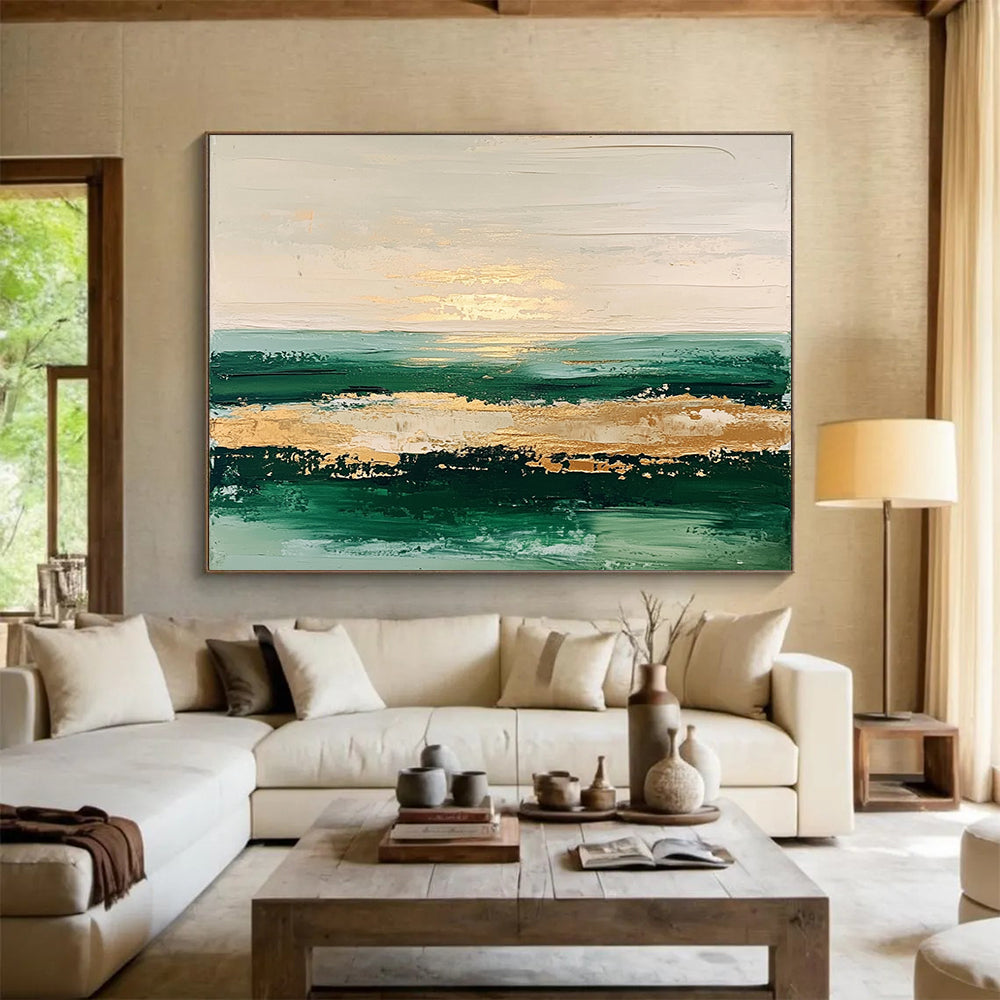 “Golden Sunset Seaview” - Green, Gold, Beige, Abstract Coastal Sunset Painting On Canvas HB1086